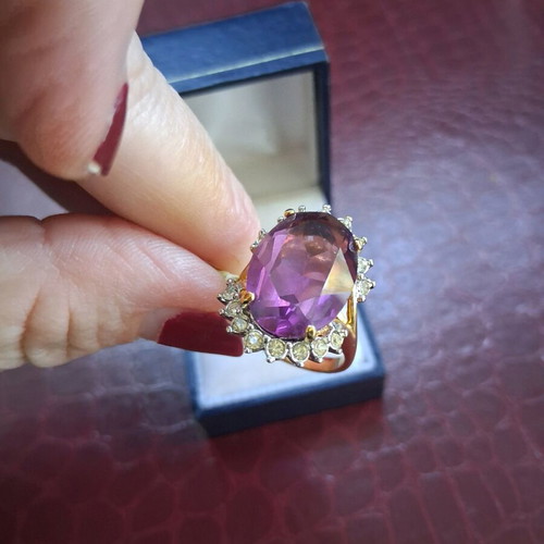 Ring with 18K gold plating, amethyst and zircon, new, size 18