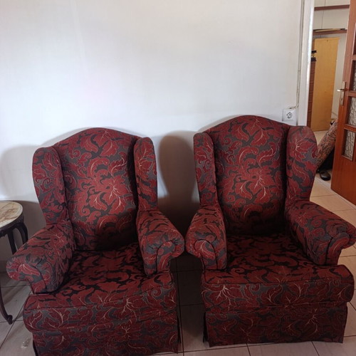 Bergere armchairs used, set of 2, classic burgundy fabric