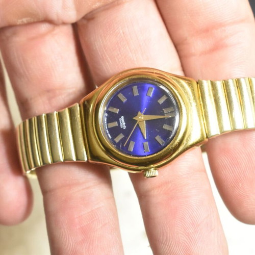 Swatch Irony women's watch used 1997 gold with blue dial