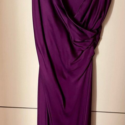 VICOLO purple satin long dress new with thin straps and draped detail