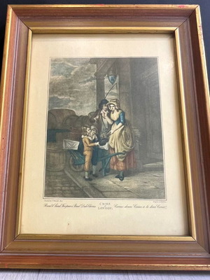 Vintage engraving with family scene in wooden frame used