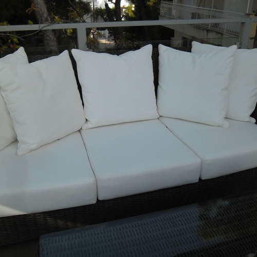 Three-seater sofa and square coffee table, like new, gray