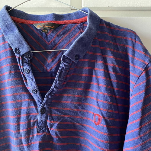 Ben Sherman polo tshirt used, blue with red stripes, cotton, vintage style