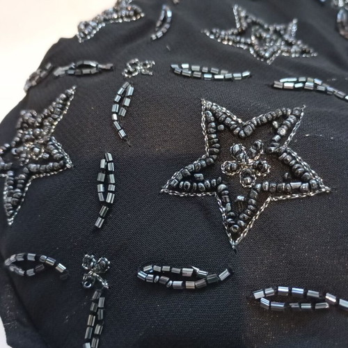 Vintage hand-beaded black evening shoulder bag with silver stars
