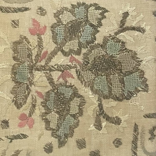 Silk handmade embroidery in aged gold and velvet frame