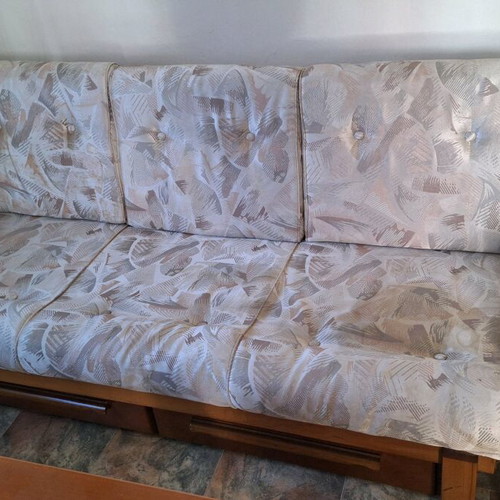 Vintage rustic sofa bed with drawers, like new, solid beech wood frame