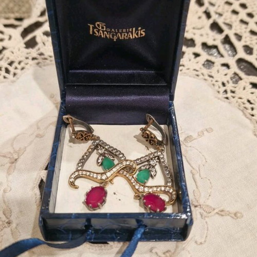 Vintage earrings made of silver and gold with emeralds and rubies like new