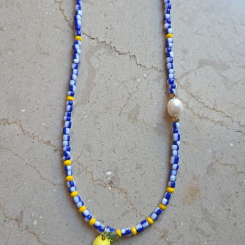 Necklace with lemon and pearl new, handmade with steel clasp and extension