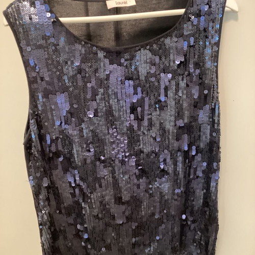 Laurel top new with knitted blue back and blue sequin front