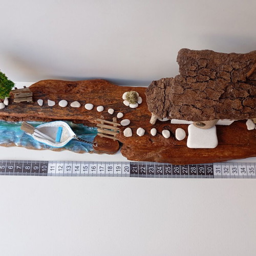 Handmade sea-themed driftwood diorama with Greek island house