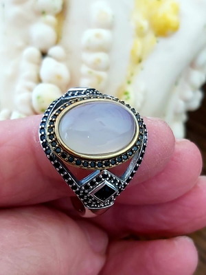 Ασημένιο δαχτυλίδι 925 με αχάτη και τουρμαλίνη, καινούργιο, μέγεθος 21