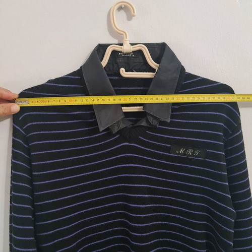 Martini knitted blouse XL used, black with purple stripes and collar