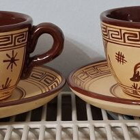Set of 4 handmade ceramic cups with Minoan design saucers like new