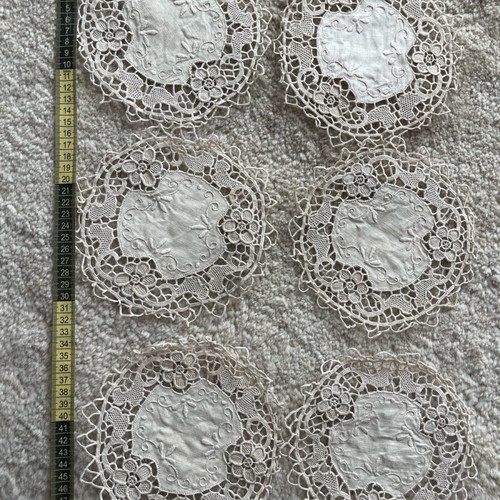 Set of 6 embroidered crochet doilies beige like new