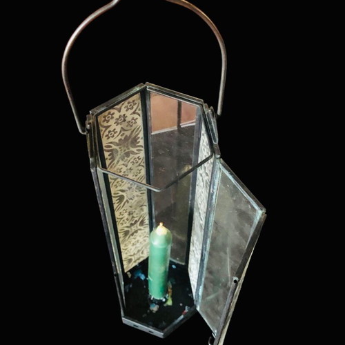 Lantern used, black with decoration on glass parts, opening design