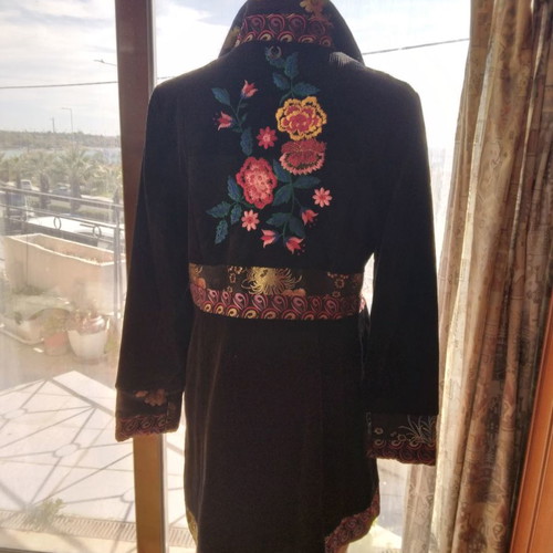 Black corduroy/velvet coat like new, size L/XL with colorful designs