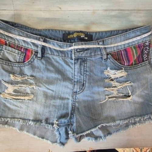 Attrattivo denim shorts used, size L, blue with colorful details