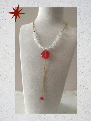 Necklace handmade steel with crystals red and gold