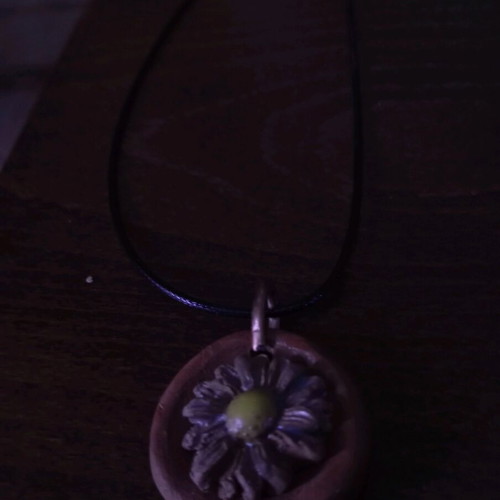 Handmade necklace with flower from baked ceramic clay brown and yellow