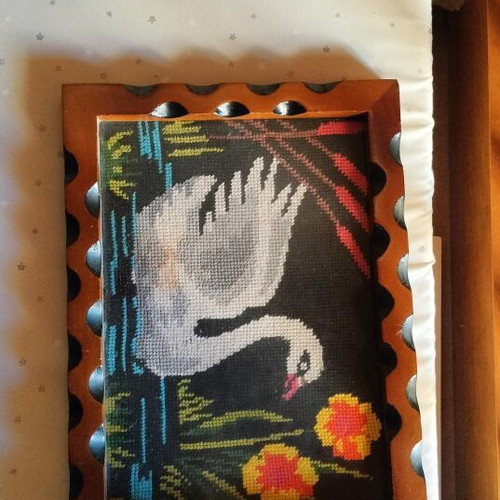 Vintage embroidered swan used textile art