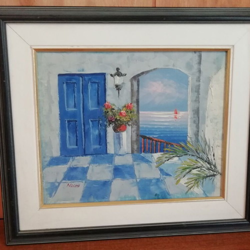 Composition of two oil paintings with Cyclades themes like new