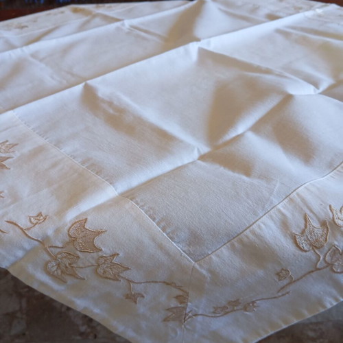 White square embroidered tablecloth with beige and gold leaf motifs, like new