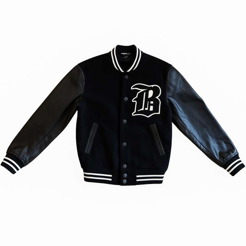 Men's varsity jacket new with leather sleeves and B emblem