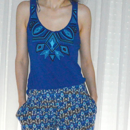 Blue sleeveless Promod top with geometric embroidery, size S