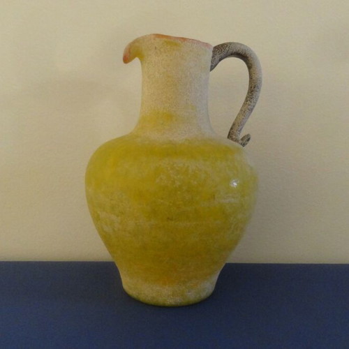 Vintage yellow blown glass vase jug with scavo texture 1980s