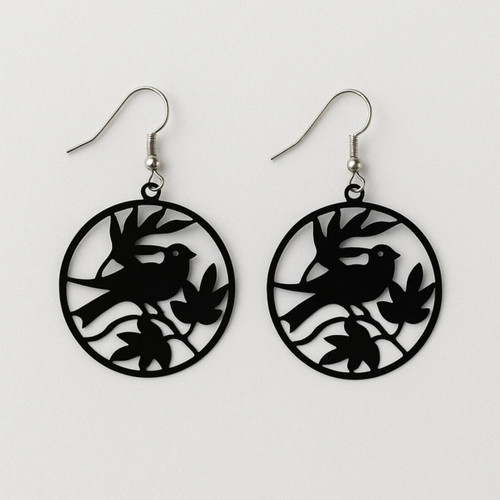 Earrings with sparrow and leaf design, new, black metal