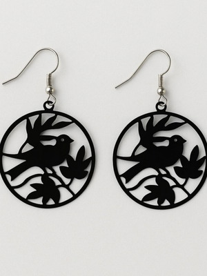 Earrings with sparrow and leaf design, new, black metal