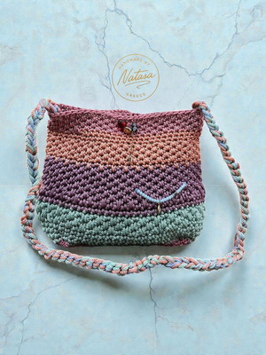 Handmade knitted shoulder bag in pastel pink and purple colors, new