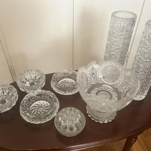 Glassware used, 2 Bohemian crystal vases, 4 ashtrays, fruit bowl and flower stand
