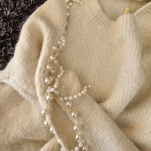 Azaka sweater new, beige with pearls on sleeves