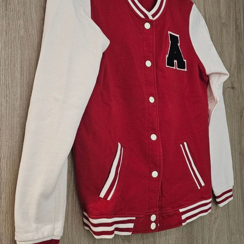Red cardigan with monogram like new, size M