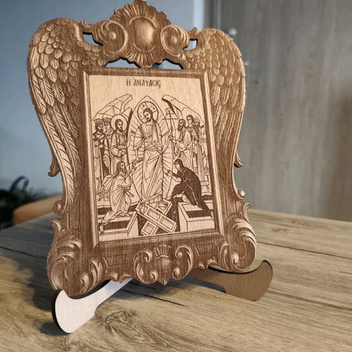 Wooden table icon of the Resurrection new with carved frame and angel wings