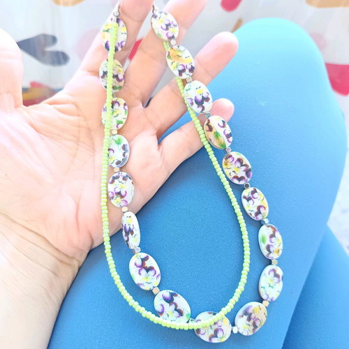 Double handmade necklace mother of pearl hematite stainless steel 40cm