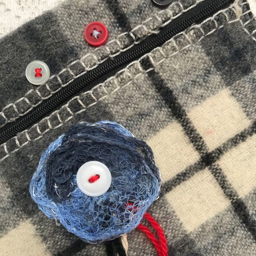 Checked Gray Felt Handmade Toiletry Bag New with Zipper