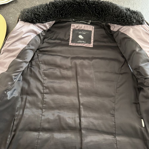 Zara Woman quilted puffer vest used, metallic taupe with black faux-shearling collar