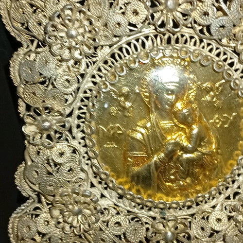 Filigree religious icon Virgin Mary gilded silver 925 like new