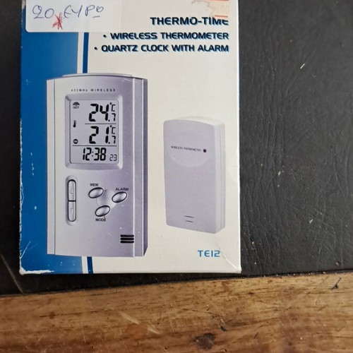 Thermo-Time wireless thermometer used, quartz clock with alarm