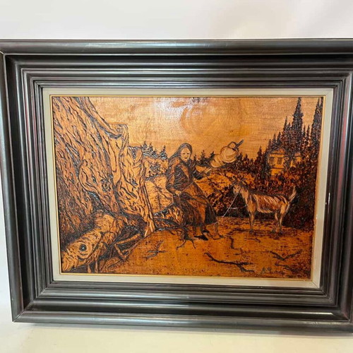 Vintage pyrography wall art with elderly woman and artist signature, 65x79