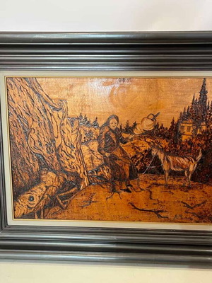 Vintage pyrography wall art with elderly woman and artist signature, 65x79