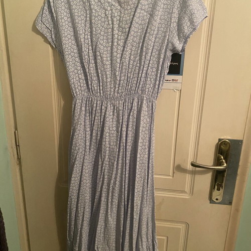 Floral maxi dress like new, asymmetrical hem, turquoise and white