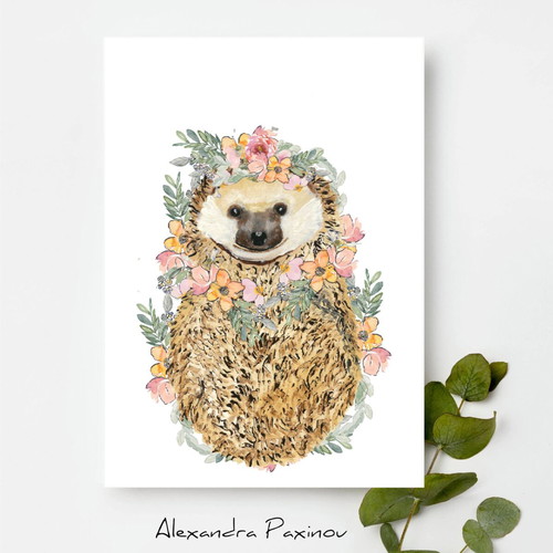 Children's Poster Hedgehog New with Flowers