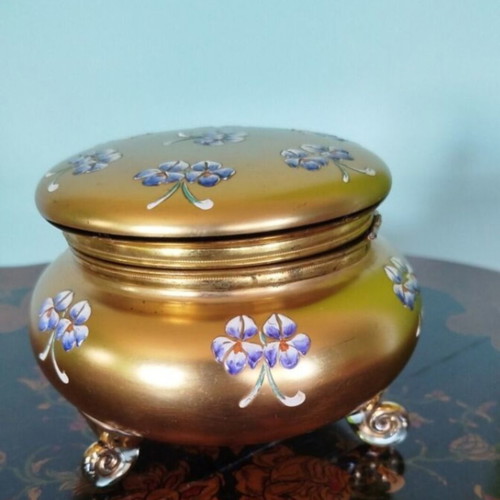 Art Nouveau vintage crystal fondue pot with hinged lid