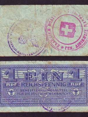 German Wehrmacht 1 Pfennig banknote used with 2 authentic stamps