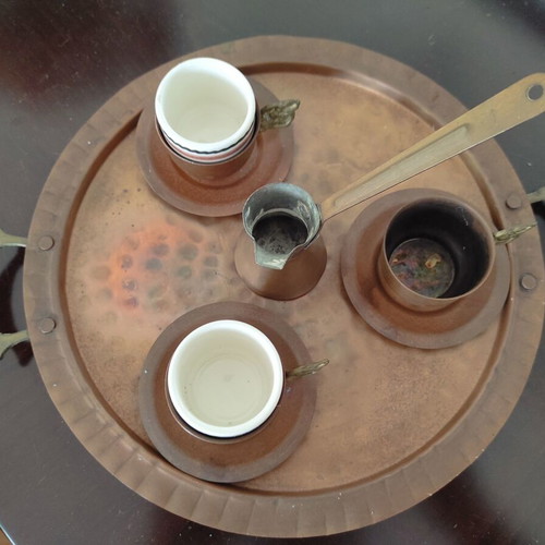Copper coffee serving tray with cups and cezve set new