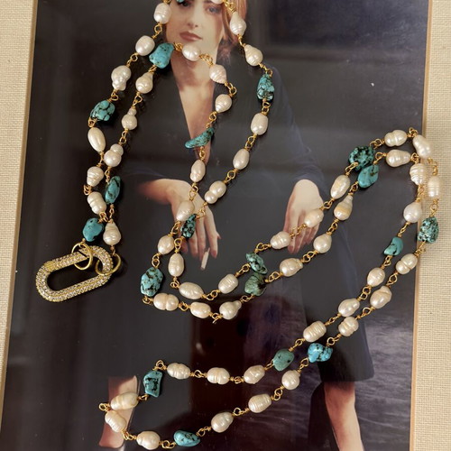 Handmade necklace with pearls, turquoise, and copper like new