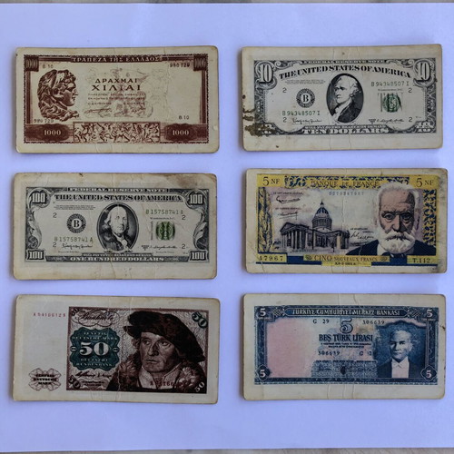 Collectible cards used, 6 rare banknote cards from Sterlina gum 1960s